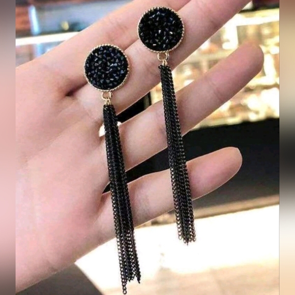 Stunning Black Rhinestone & Long Chain Tassel Dangle Drop Earrings New! - Picture 3 of 10
